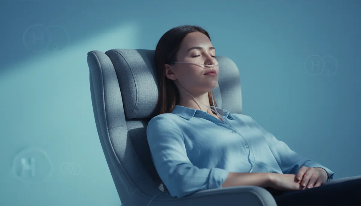 Modern clean illustration of a person receiving hydrogen inhalation therapy in a relaxed setting