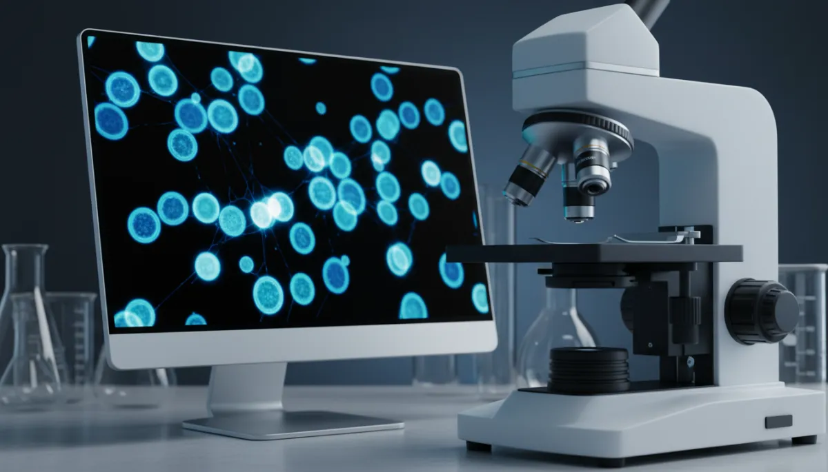 Dark field microscope setup showing bright blood cells on a dark monitor background