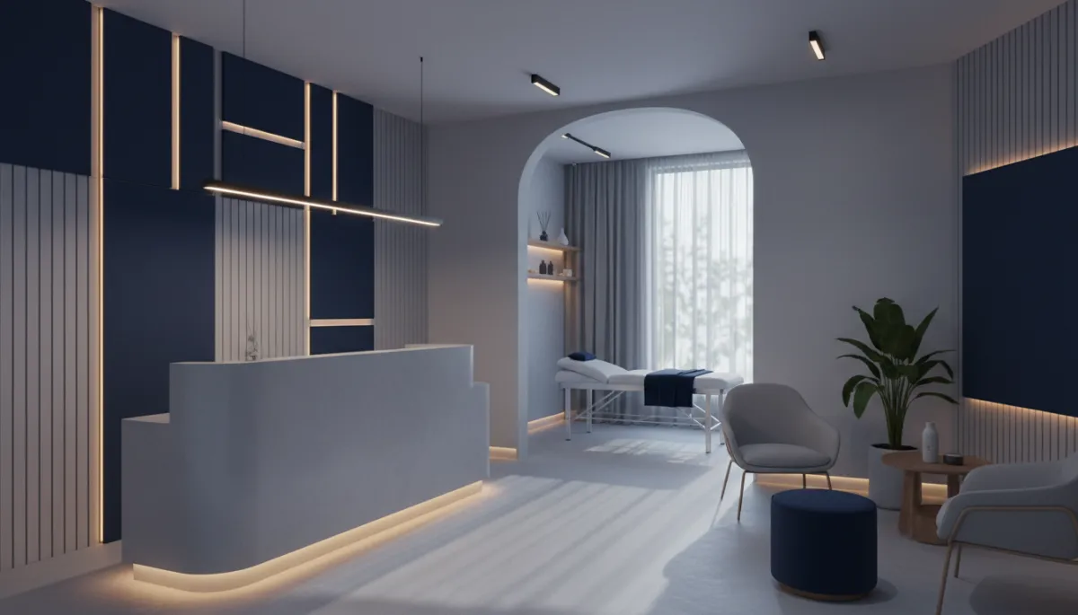 Modern clean integrative wellness clinic interior with cool blue-gray tones