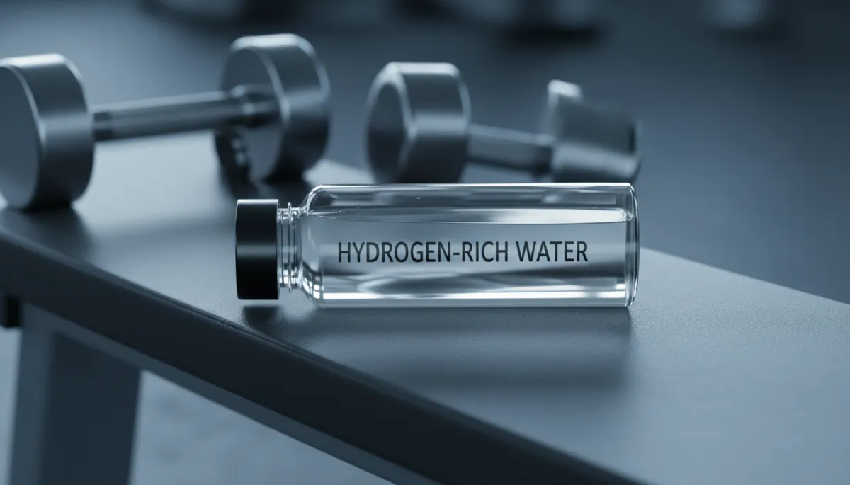 Hydrogen-rich water bottle on a weight bench in a cool-toned gym