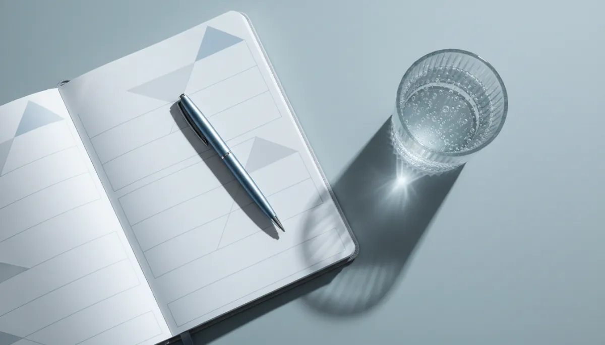 Workout journal and glass of water on a cool-toned table