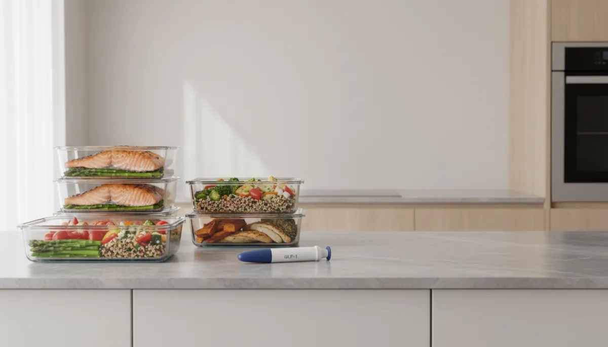 Healthy meal prep and GLP-1 injection pen arranged on a clean kitchen counter
