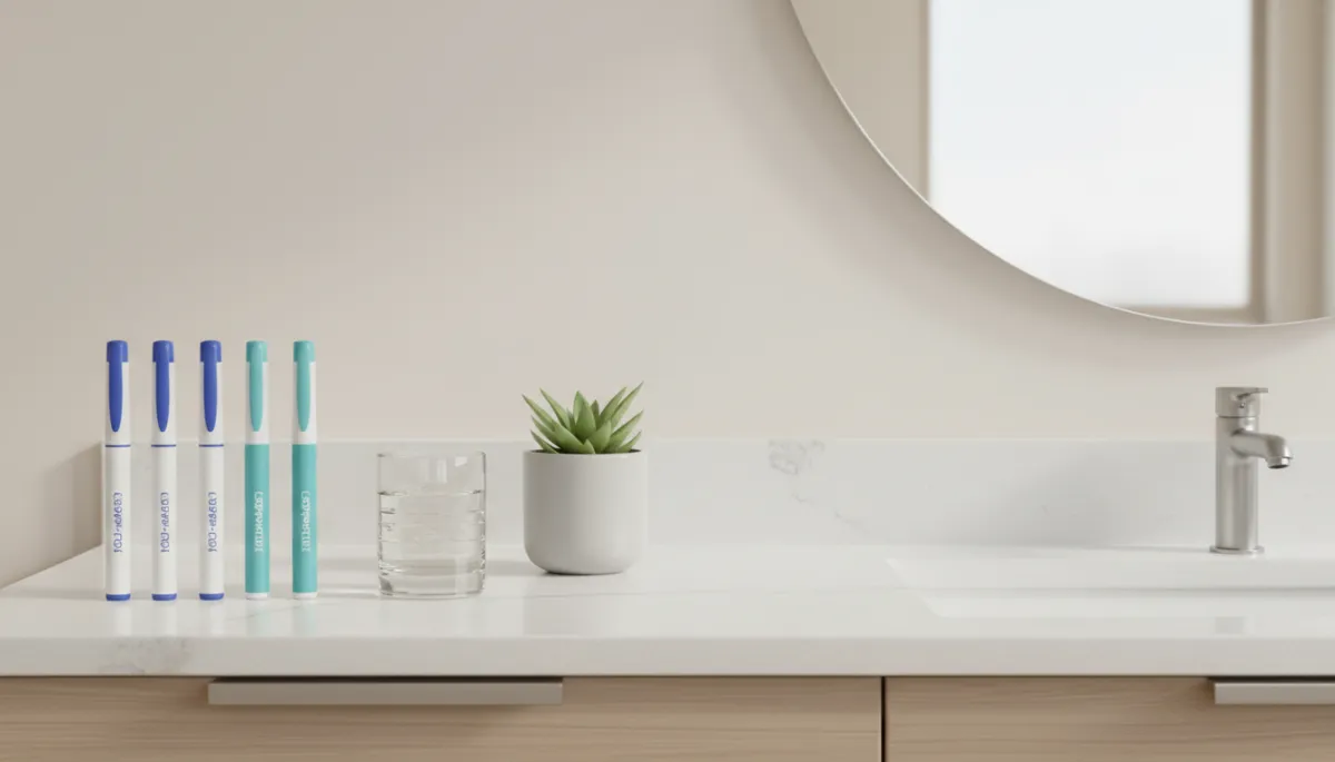 GLP-1 and tirzepatide injection pens arranged neatly on a neutral bathroom counter