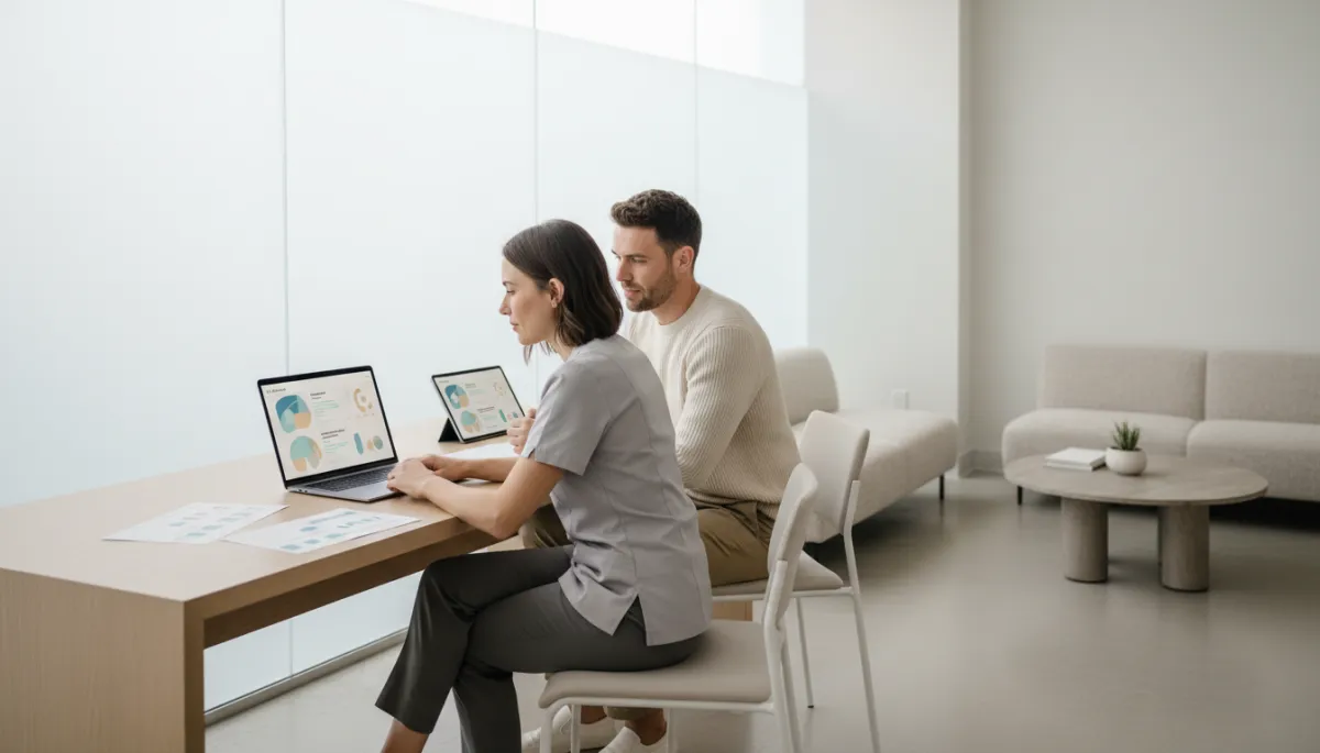 Clinician and patient reviewing metabolic health data together in a clean wellness office
