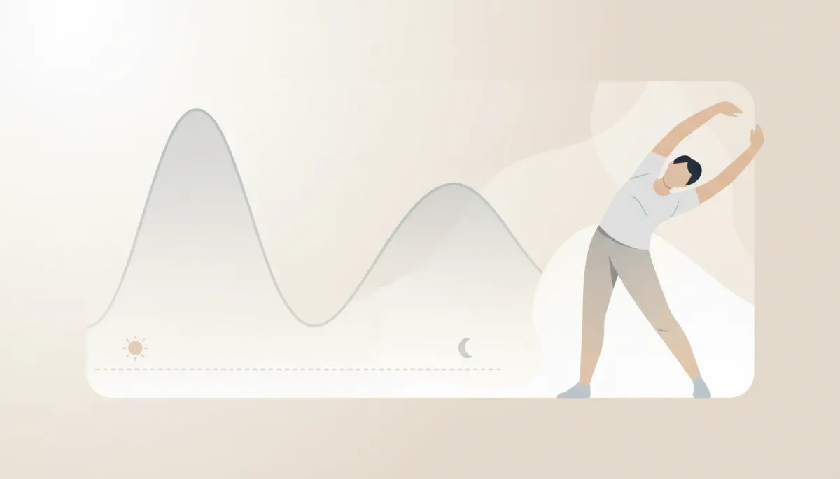 Illustration of daily cortisol rhythm alongside a person waking up feeling rested