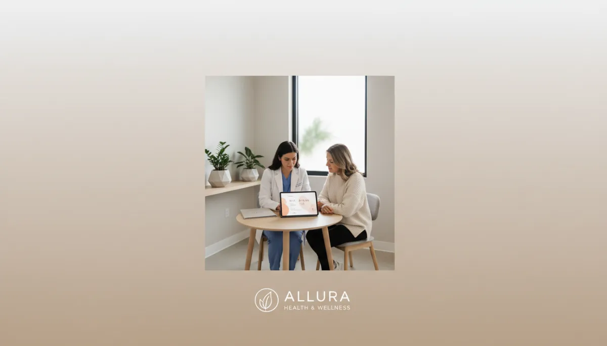 Patient discussing stress, sleep, and hormone concerns with a healthcare professional in a calm clinic setting