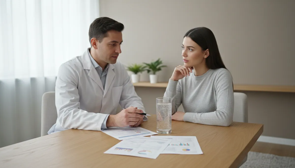 Photorealistic clinician and patient discussing hydrogen therapy options
