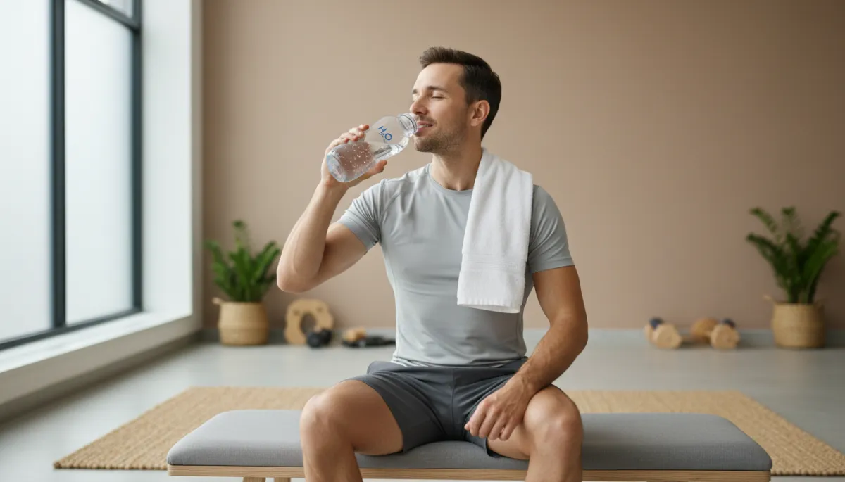 Photorealistic scene of a person drinking hydrogen-rich water after exercise
