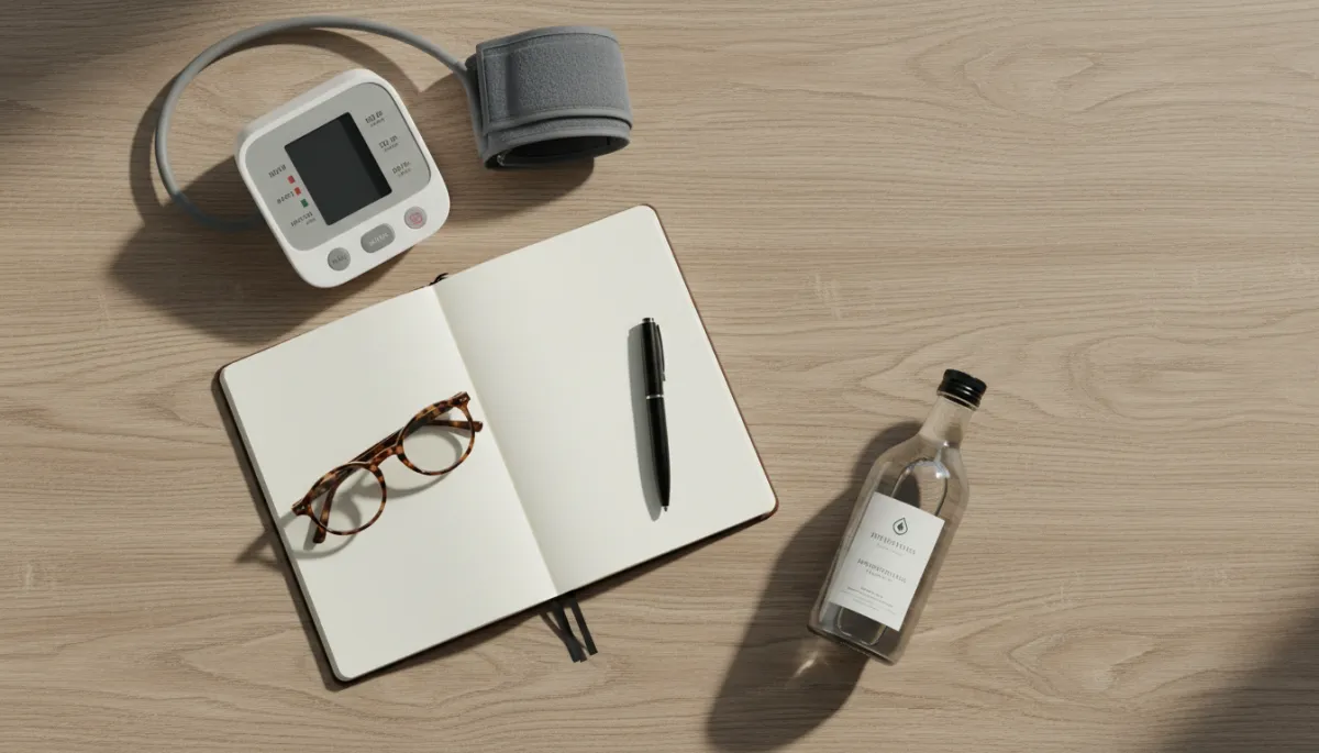 photorealistic neutral-toned overhead view of a wooden table with a blood pressure monitor, a notebook, a pen, a pair of reading glasses, and a glass bottle of hydrogen-rich water, soft daylight and calm atmosphere