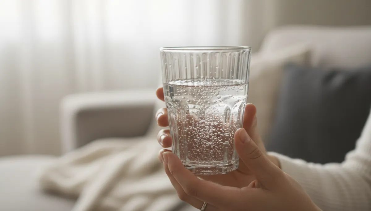 photorealistic neutral-toned close-up of a person holding a transparent glass of hydrogen-rich water with tiny rising bubbles, soft-focus living room background in beige and gray tones