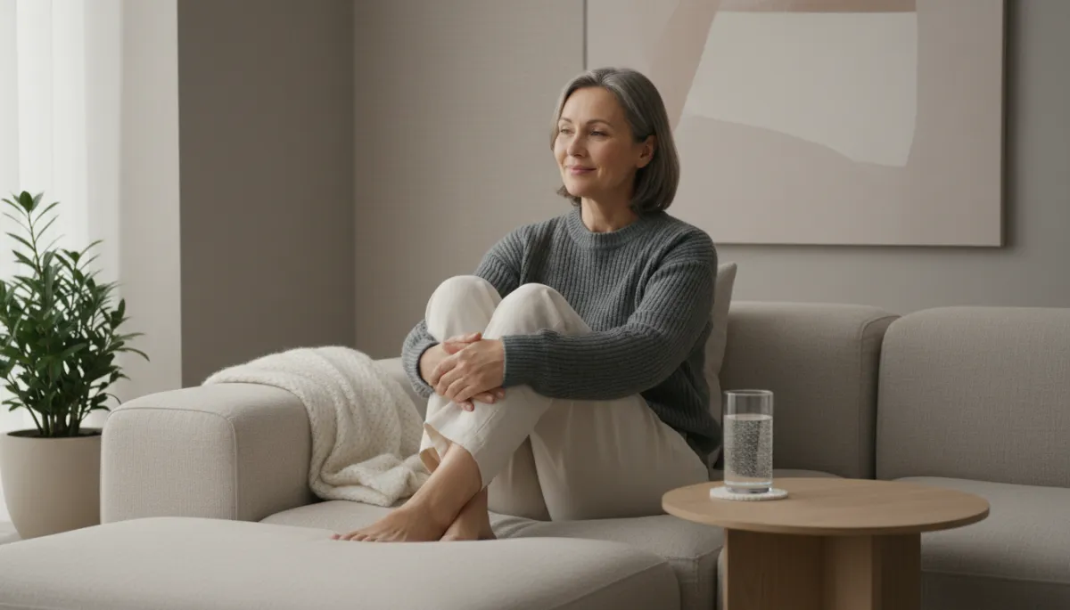 photorealistic neutral-toned scene of a middle-aged person sitting comfortably on a sofa, holding their knee with a relaxed expression, a glass of hydrogen-rich water on a nearby side table, soft beige and gray interior