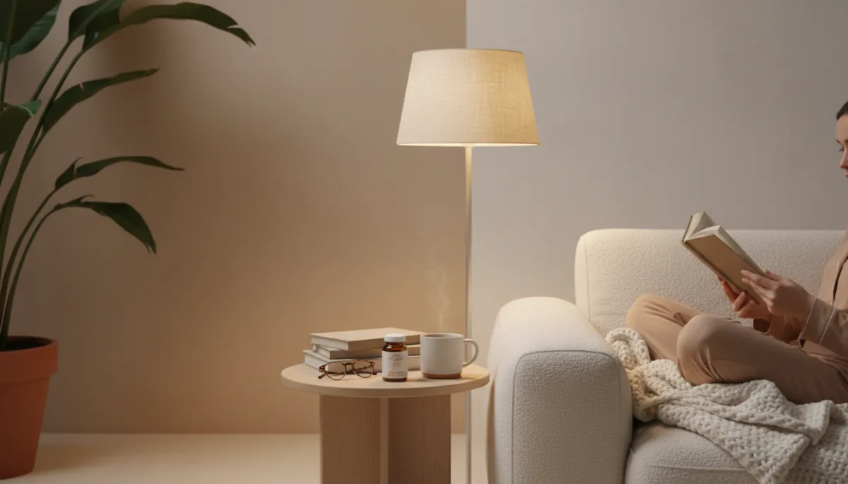 Person relaxing on a sofa with tea and supplements during an evening wind-down