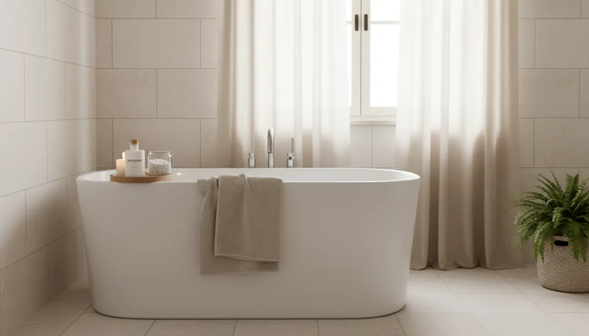Bathroom with magnesium bath salts and supplements arranged near a bathtub