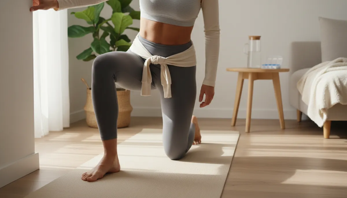 Person stretching on a yoga mat with water and supplements nearby