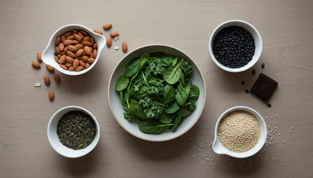 Table with magnesium-rich foods like greens, nuts, seeds, beans, and dark chocolate