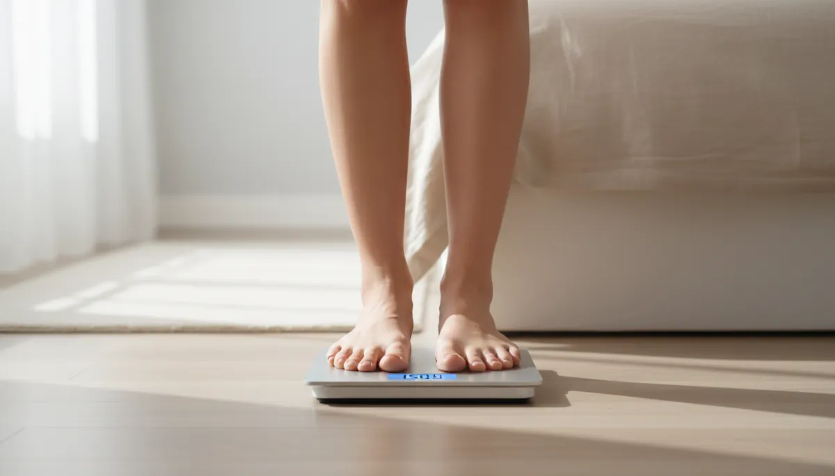 Person monitoring body weight on a digital scale at home Person monitoring body weight on a digital scale at home