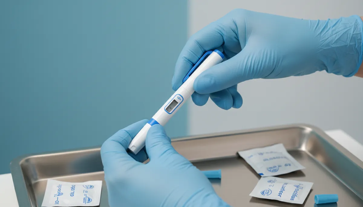 Clinician preparing a GLP-1 weight loss injection pen in a medical setting