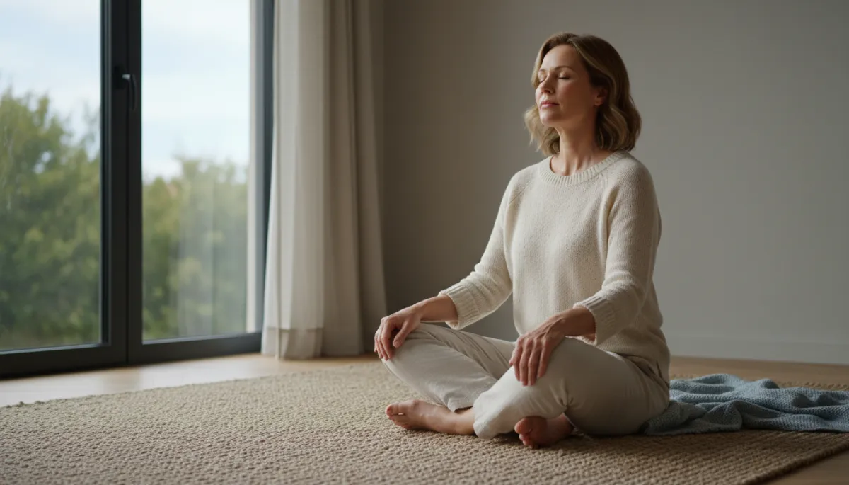 Midlife woman practicing calm breathing while seated on a neutral-toned rug