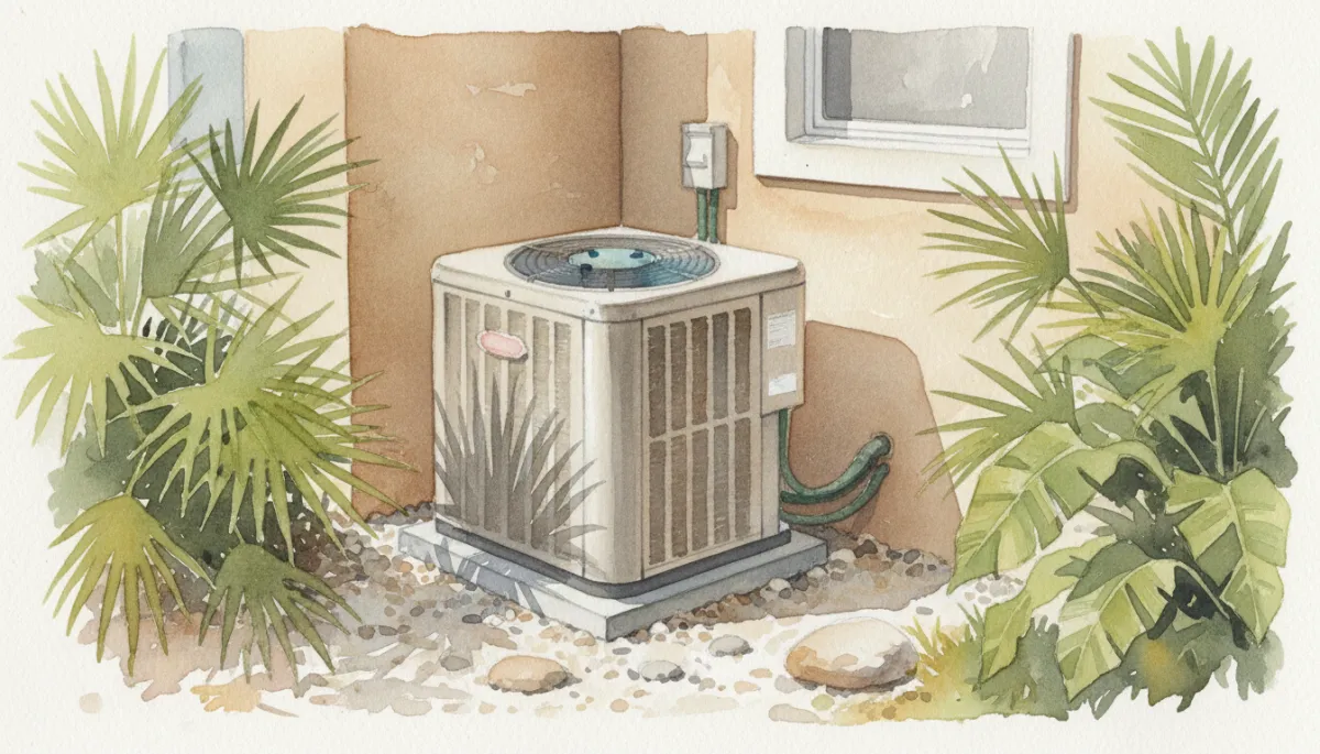 Modern high-efficiency air conditioning unit beside a Florida home Modern high-efficiency air conditioning unit beside a Florida home