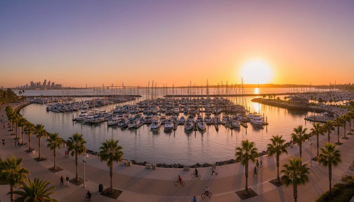 Wide view of Chula Vista stretching from the bayfront marinas toward the rolling coastal foothills at sunset. Wide view of Chula Vista stretching from the bayfront marinas toward the rolling coastal foothills at sunset.