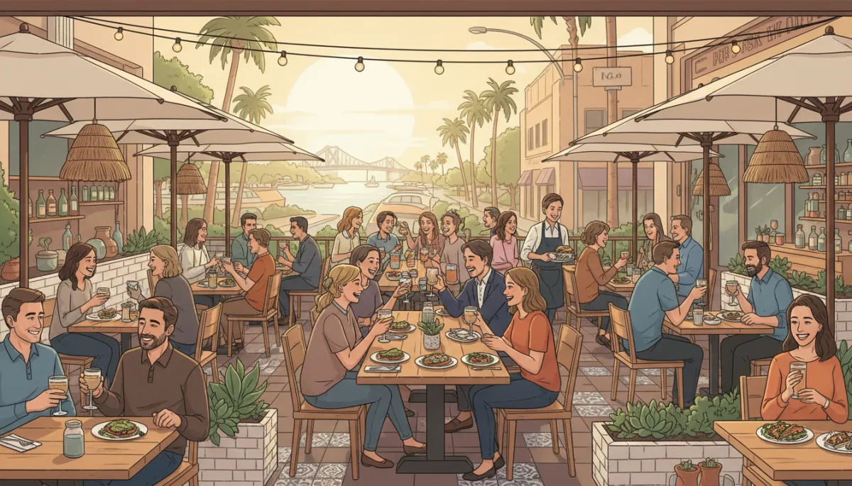 People gathered at a stylish cafe in Chula Vista’s Third Avenue Village, enjoying food and drinks on a cozy outdoor patio. People gathered at a stylish cafe in Chula Vista’s Third Avenue Village, enjoying food and drinks on a cozy outdoor patio.