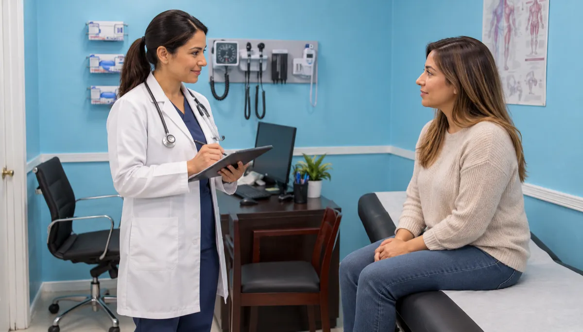 photorealistic close-up of a doctor in white coat with fresh aqua stethoscope taking notes while talking to a patient seated in a modern examination room with fresh aqua accents