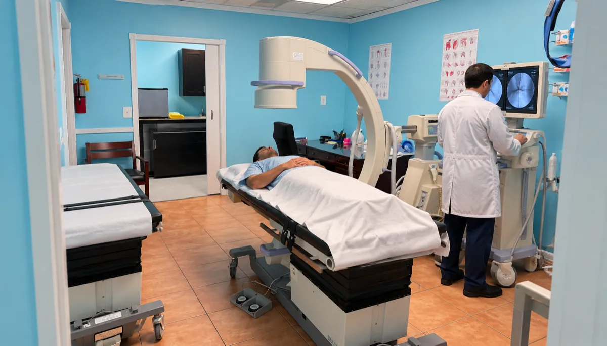 photorealistic wide shot of a patient lying on an examination table while a doctor reviews fresh aqua-colored diagnostic images on a wall monitor inside a modern Miami medical facility