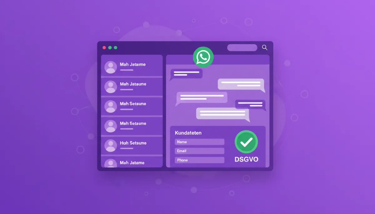 Illustratives CRM-Dashboard mit WhatsApp-Integration und DSGVO-Hinweisen in Lila