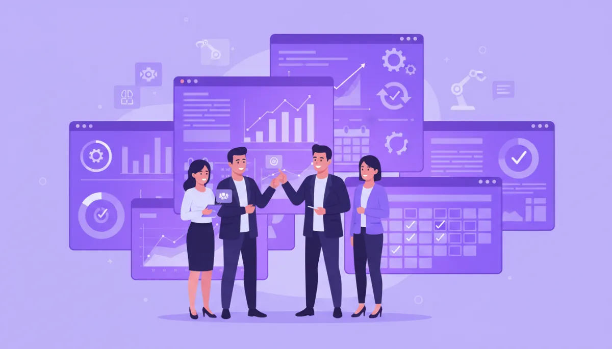 Illustration eines Finanzberaterteams vor lila CRM-Dashboards
