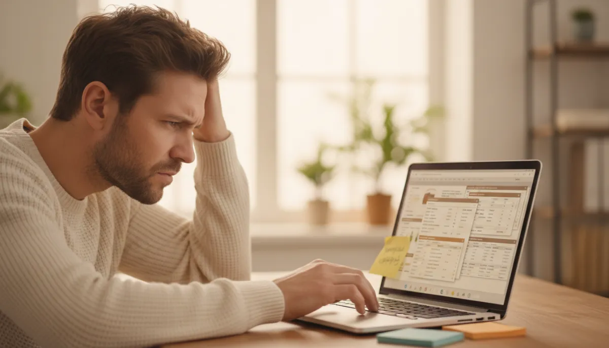 Verwirrter Finanzberater vor überladener Softwareoberfläche