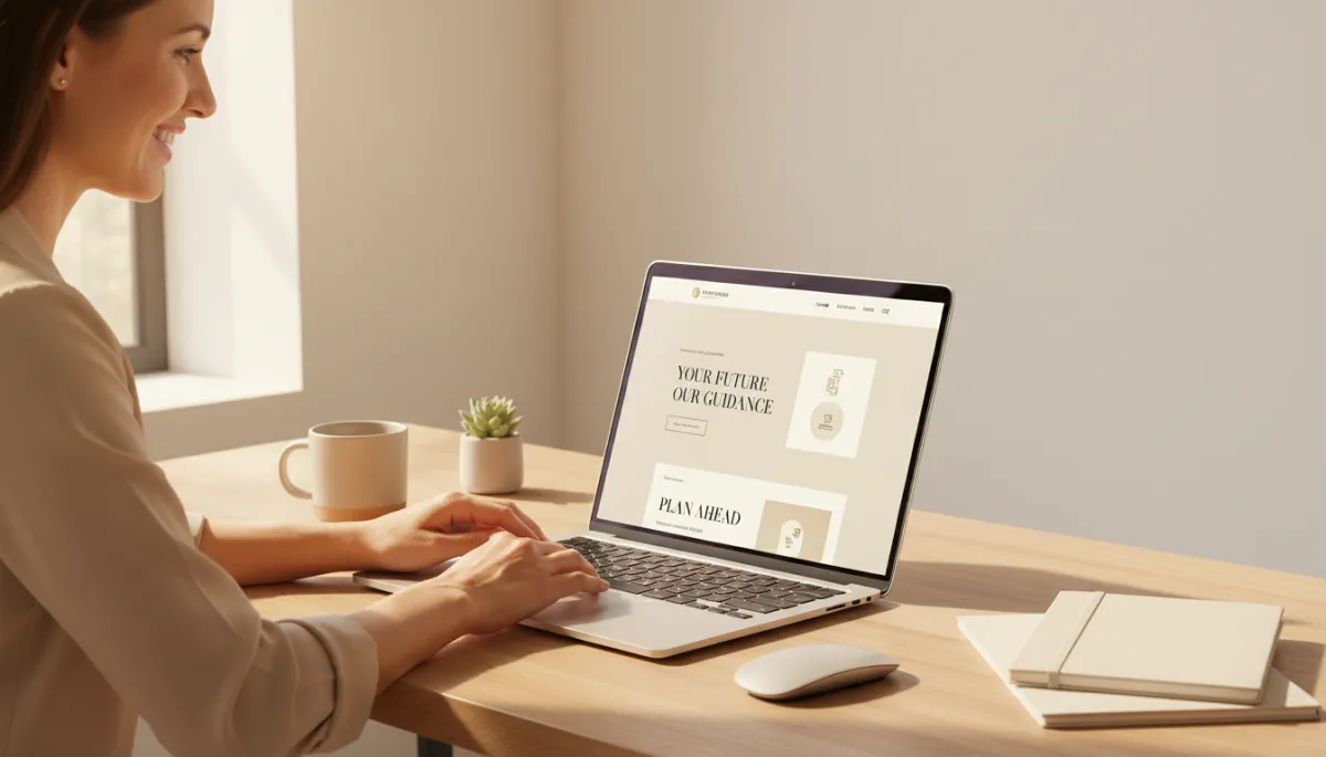 Zufriedener Finanzberater mit übersichtlichem Onlineauftritt auf dem Laptop