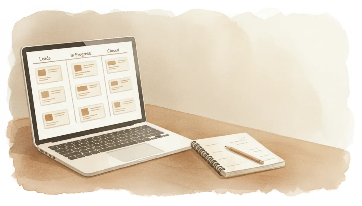 Übersichtliches CRM-Kanban-Board für Finanzberater auf einem Laptop
