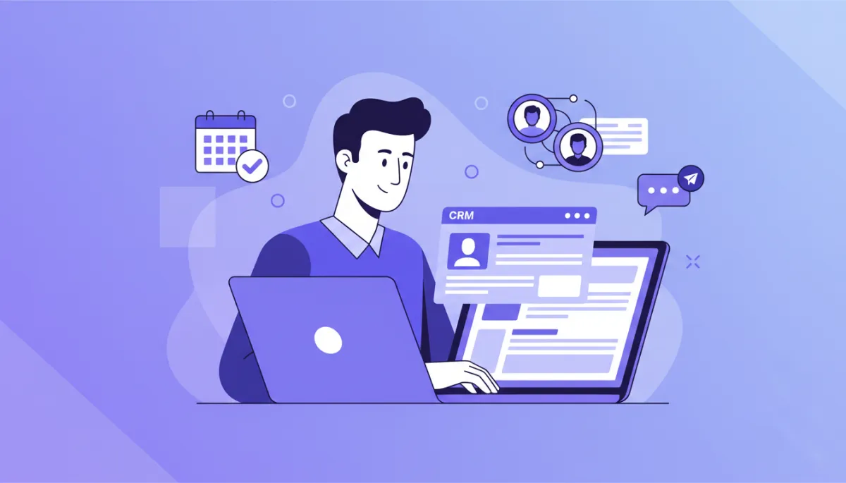 illustrativ, moderne Vektor-Illustration eines Finanzberaters, der an einem Laptop mit CRM-Dashboard in Lila (#a75cfb) arbeitet; stilisierte Kundendaten, Kalender und WhatsApp-Icons schweben um ihn herum
