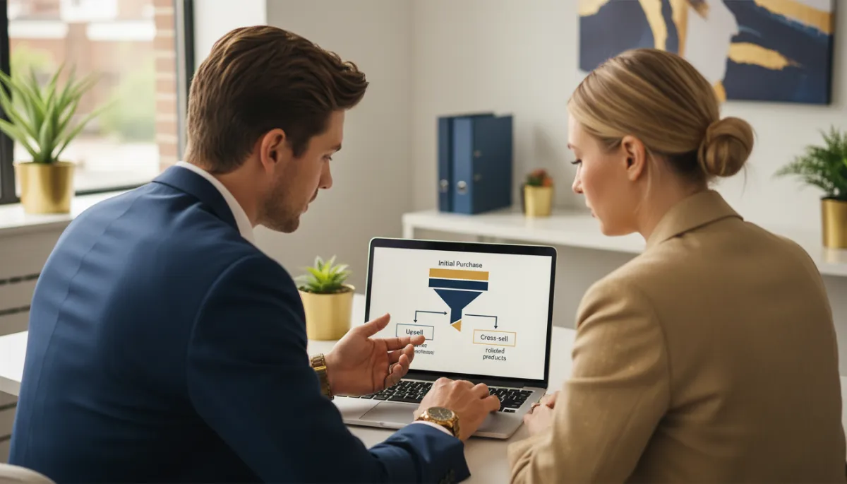 Business owner reviewing upsell and cross-sell strategy with advisor Business owner reviewing upsell and cross-sell strategy with advisor