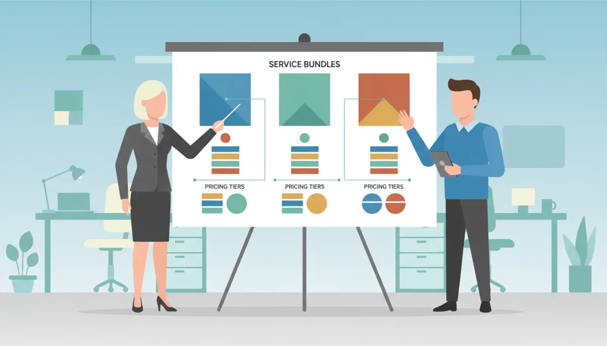 Business owner reviewing clearly defined bundled service tiers with operations manager Business owner reviewing clearly defined bundled service tiers with operations manager