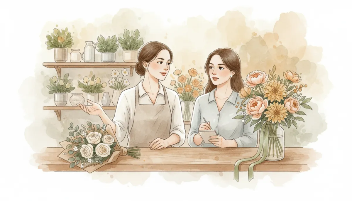 Florist presenting two bouquet options at different price points to a customer Florist presenting two bouquet options at different price points to a customer