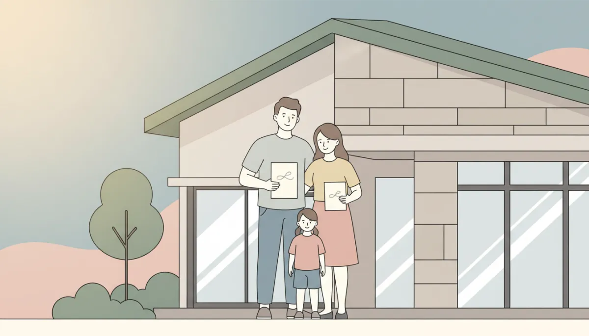 Family standing confidently in front of their protected home