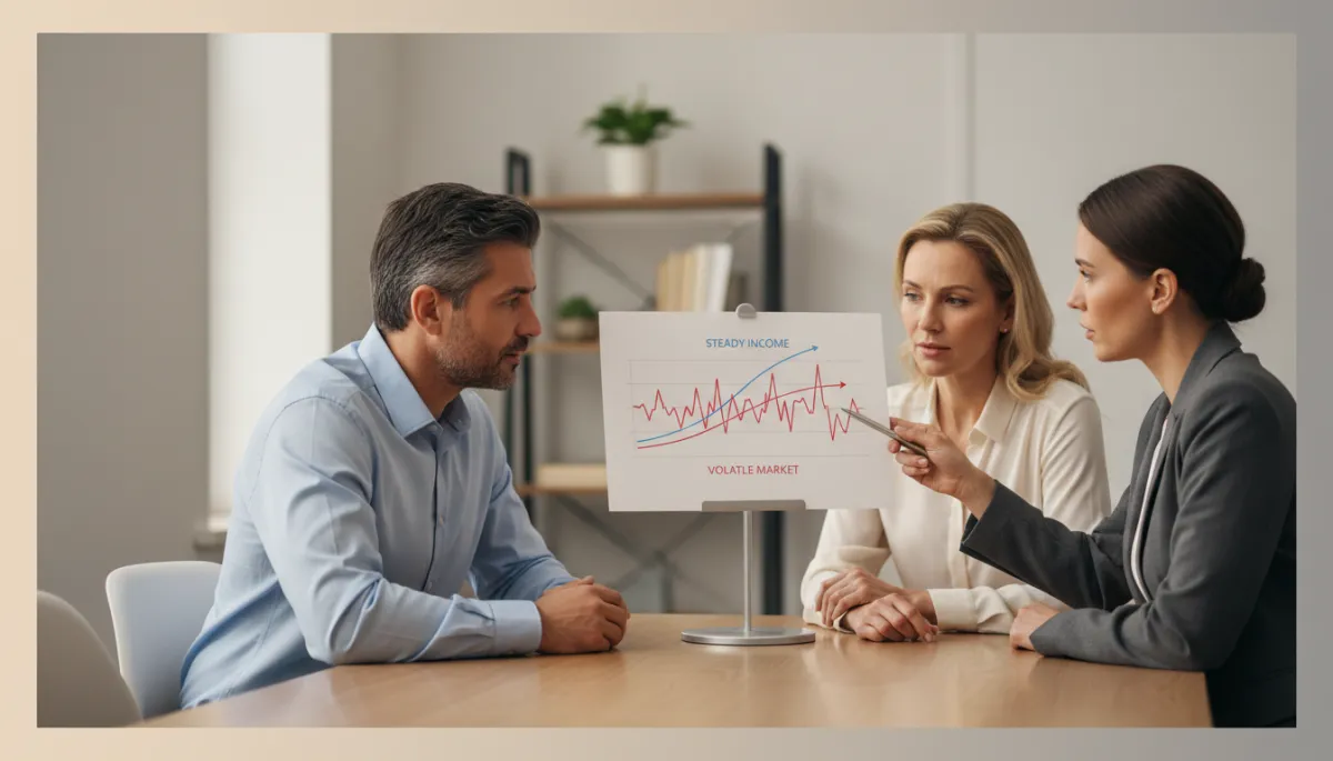 Advisor explaining annuity income stability compared to market volatility to a couple Advisor explaining annuity income stability compared to market volatility to a couple