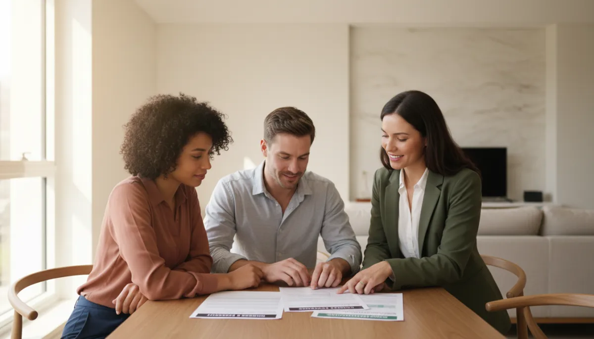 Couple reviewing mortgage and life insurance options in a professional neutral setting Couple reviewing mortgage and life insurance options in a professional neutral setting