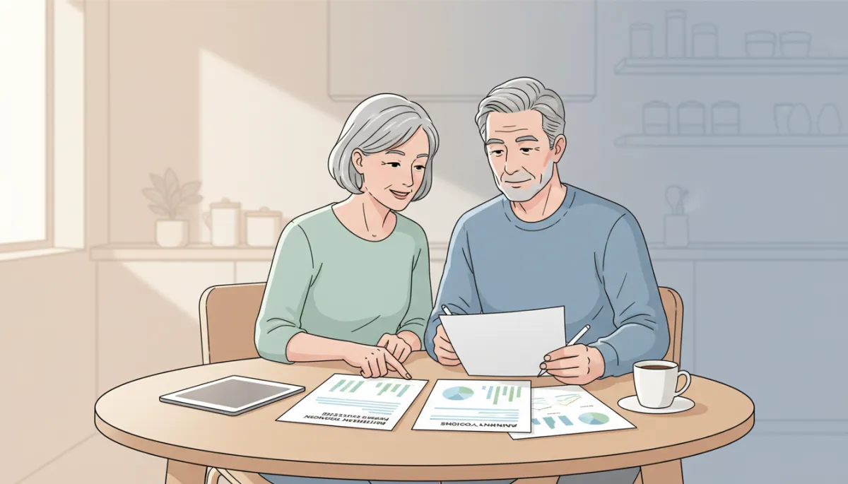 Mature couple reviewing annuity projections as part of retirement planning Mature couple reviewing annuity projections as part of retirement planning