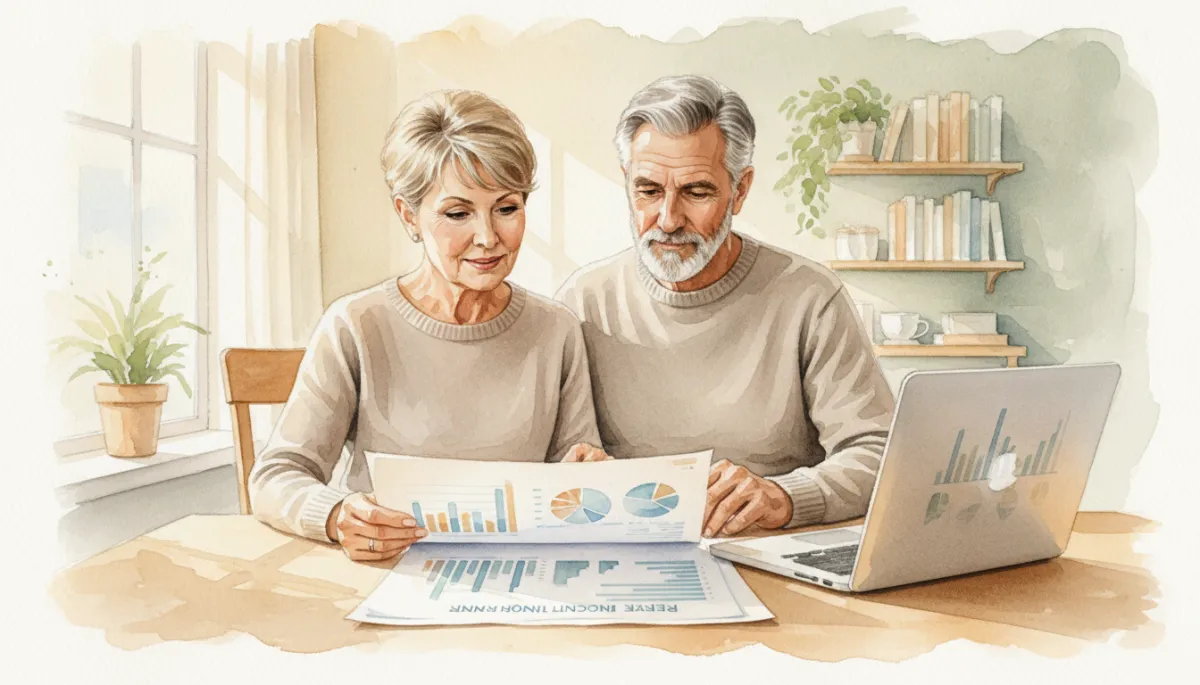 Couple reviewing a retirement income plan with stable income streams Couple reviewing a retirement income plan with stable income streams