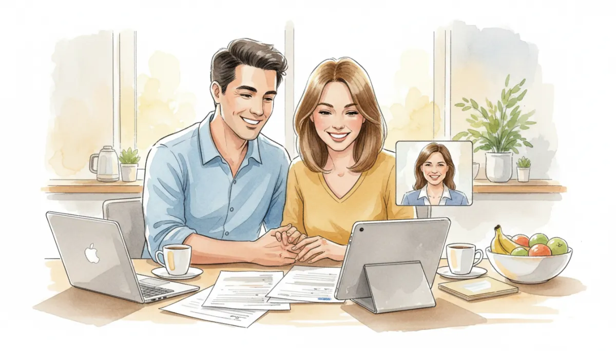 Couple reviewing their mortgage protection plan with an insurance broker over video call