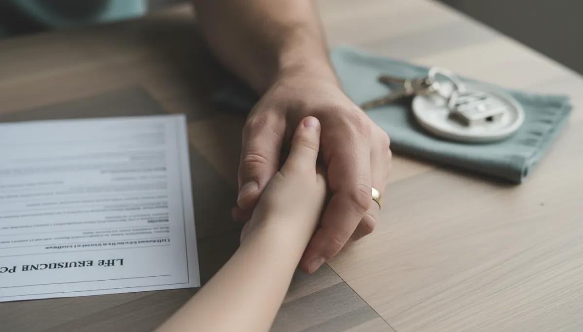 Father holding a child’s hand near life insurance documents and house keys