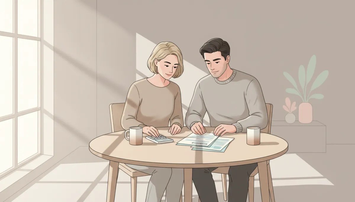 Couple reviewing mortgage protection and family insurance paperwork together Couple reviewing mortgage protection and family insurance paperwork together