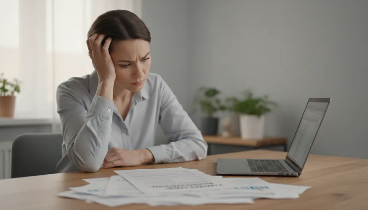 Homeowner reviewing bills and mortgage statements with concern Homeowner reviewing bills and mortgage statements with concern