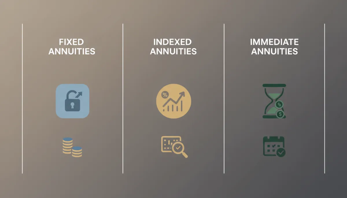 Comparison of fixed, indexed, and immediate annuities in a neutral-toned professional graphic Comparison of fixed, indexed, and immediate annuities in a neutral-toned professional graphic