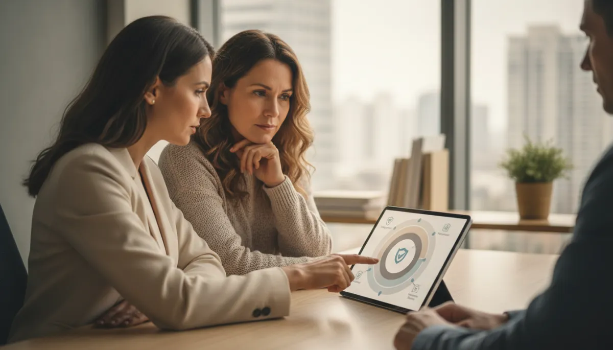 Advisor explaining layered financial protection using an indexed universal life strategy Advisor explaining layered financial protection using an indexed universal life strategy