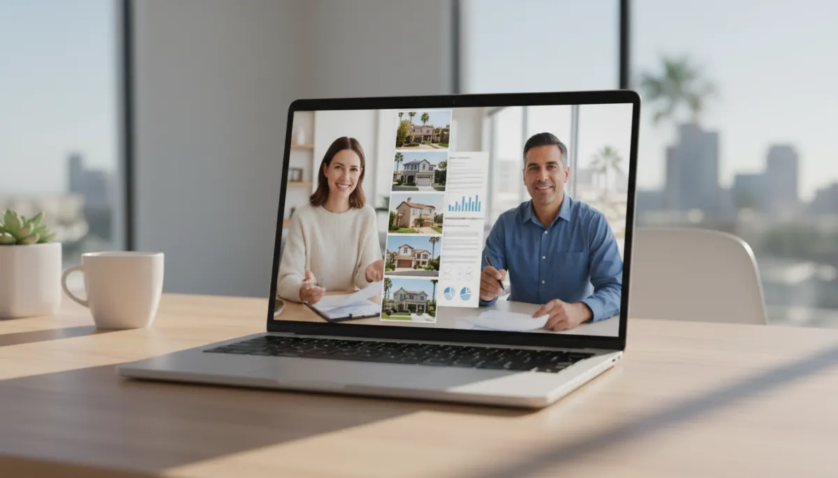 Professional photorealistic scene of homeowner on video call with San Diego real estate agent