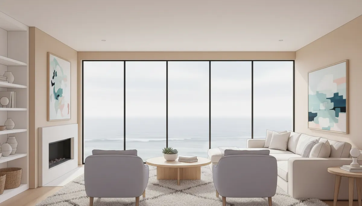 Modern San Diego living room with large windows and neutral interior design