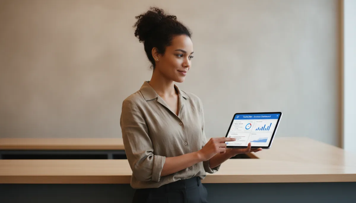 Small business owner reviewing TashiCRM reputation dashboard on a tablet